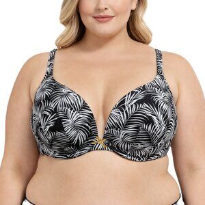 Cacique Bra 38D Boost Plunge Underwire Black White Palm Print